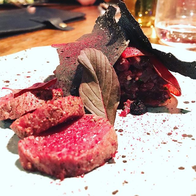 Trying Kangaroo in the only way worthwhile. Raw.
Kangaroo tartare, seared loin, plum, and green peppercorn.